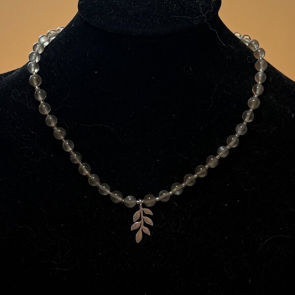 Dark Moonstone Silver Leaf Branch Necklace, Genuine Gemstone June Birthstone - Picture 3 of 11